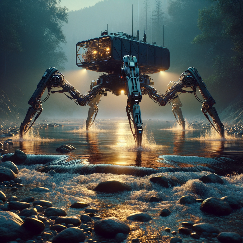 ROAM crossing a river at twilight